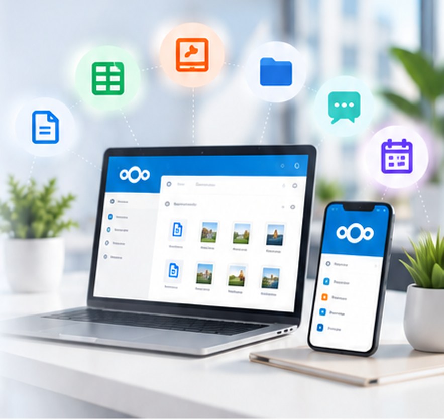 Laptop und Smartphone mit Nextcloud an einem hellen Arbeitsplatz, umgeben von Symbolen für Dokumente, Tabellen, Präsentationen, Dateien, Chat und Kalender