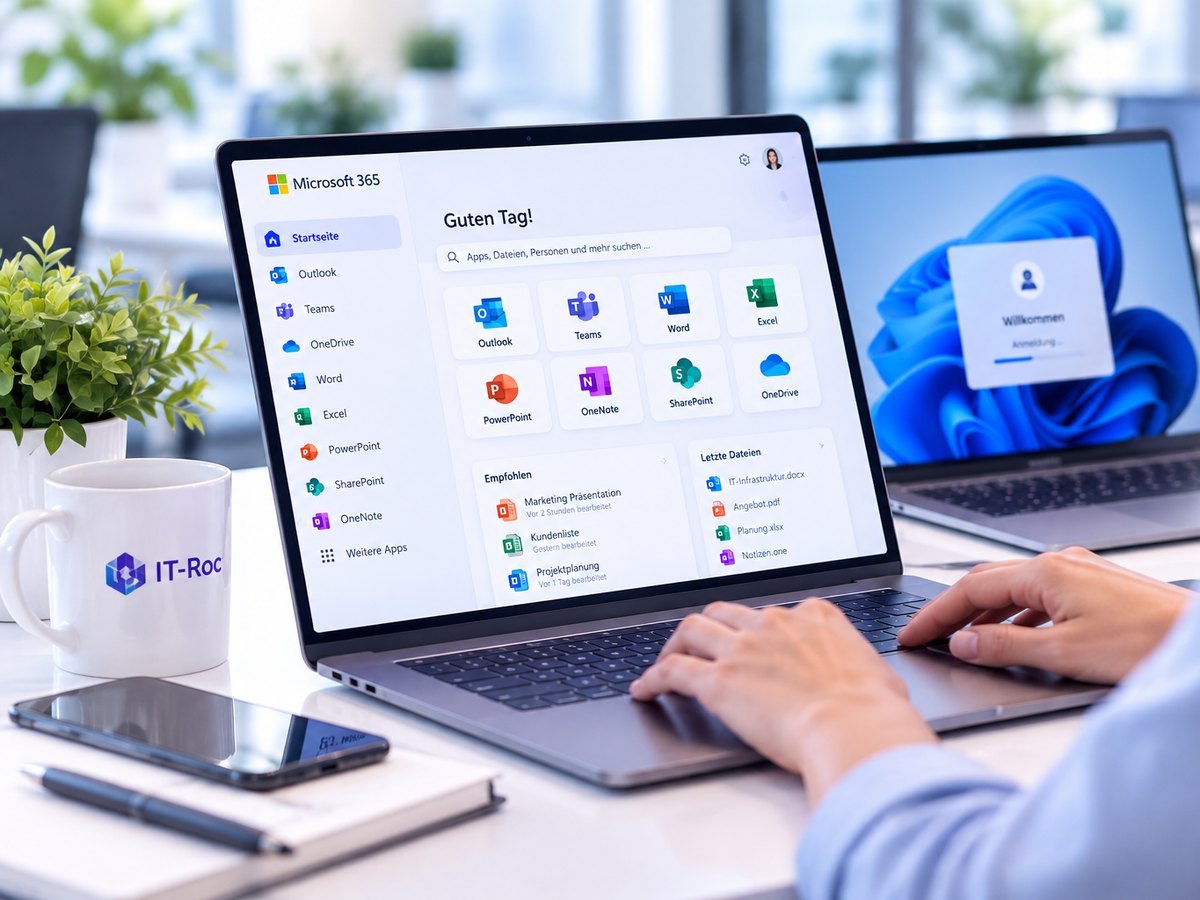 Microsoft 365 auf einem Firmenlaptop, daneben die Anmeldung an einem zweiten Gerät