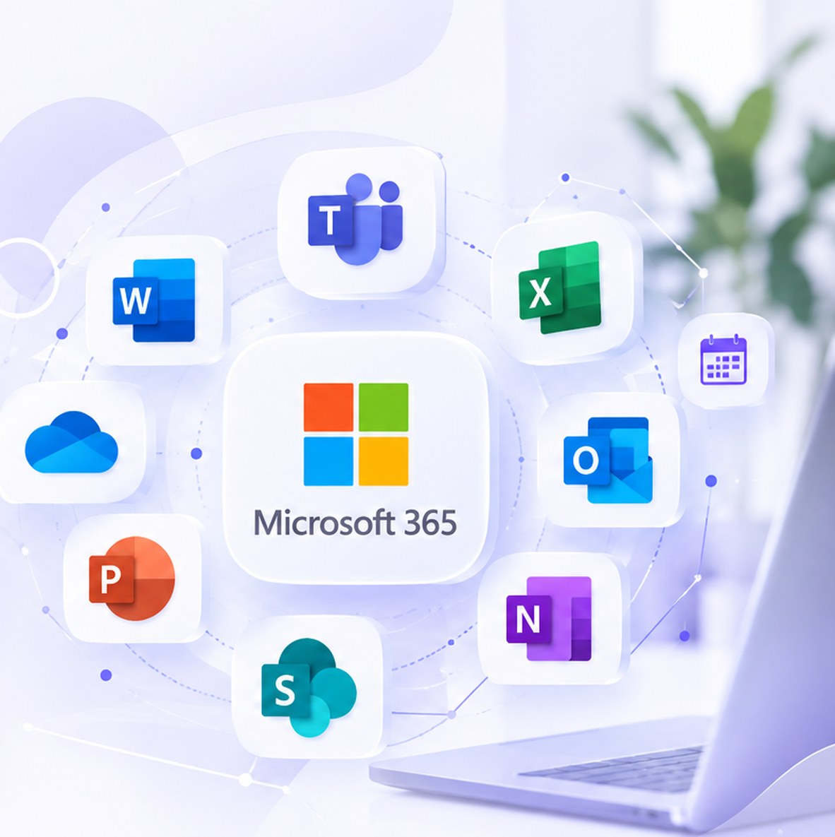 Microsoft 365 mit den Programmen Teams, Word, Excel, Outlook, PowerPoint, OneNote und weiteren an einem Arbeitsplatz