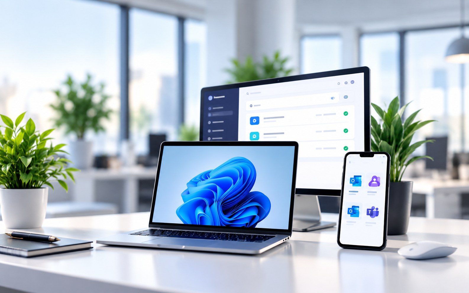 Laptop, Monitor und Smartphone an einem hellen Arbeitsplatz mit Pflanzen