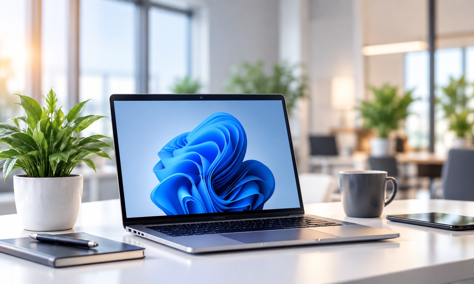 Moderner Laptop auf einem hellen Schreibtisch mit Pflanze, Kaffeetasse und Notizbuch in einem Büro
