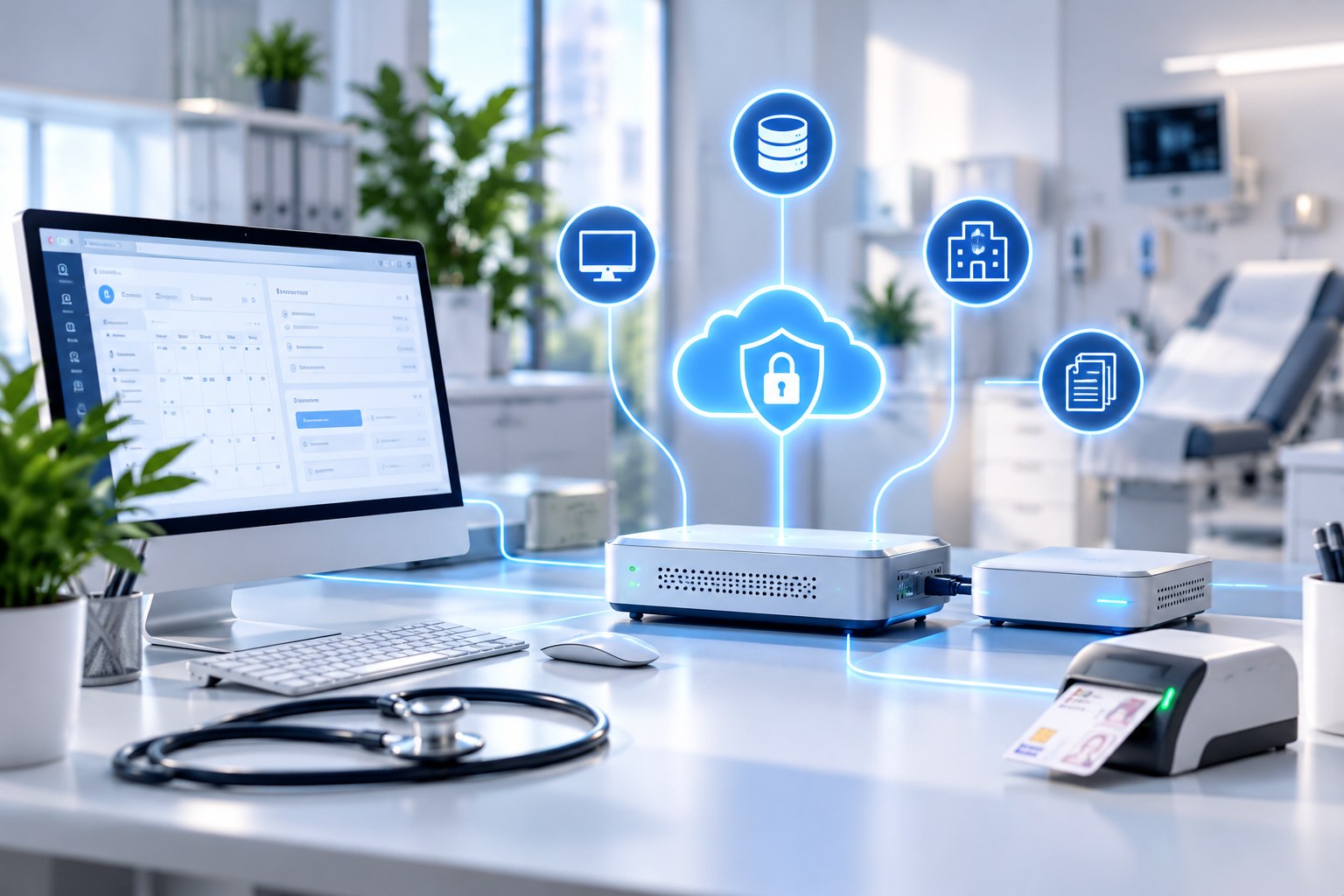 Praxisarbeitsplatz mit Praxissoftware, Kartenterminal und Gateway, sicher verbunden mit Diensten und Anwendungen der Telematikinfrastruktur