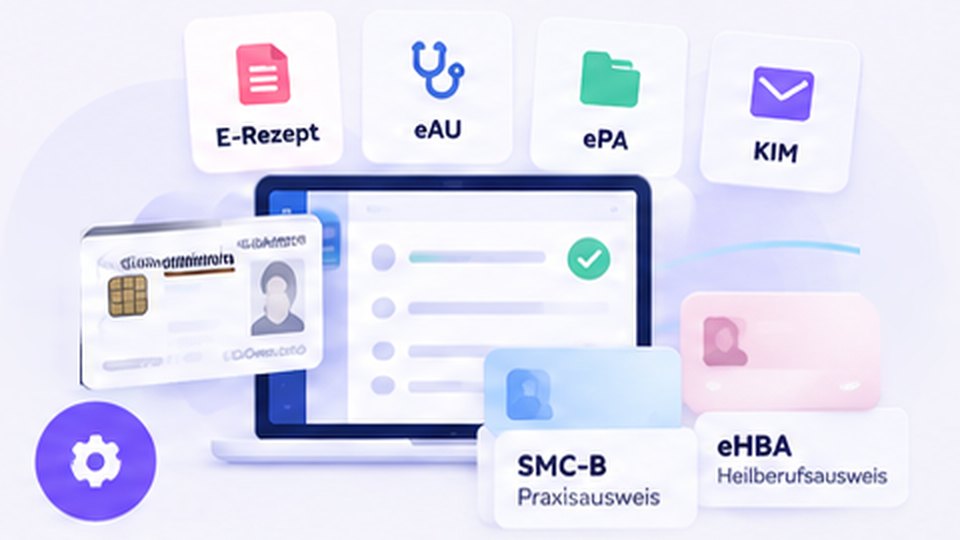 Praxissoftware mit Gesundheitskarte, Praxisausweis und Heilberufsausweis sowie den Anwendungen E-Rezept, eAU, ePA und KIM
